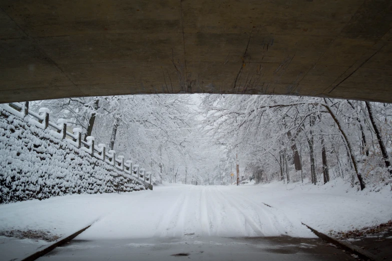 snow covered path underneath a cement bridge with tracks