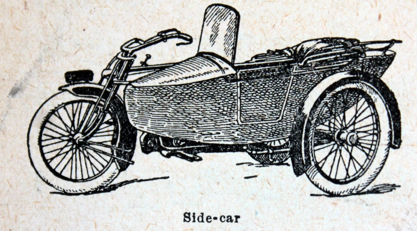 a drawing shows a side - car, with a small front wheel