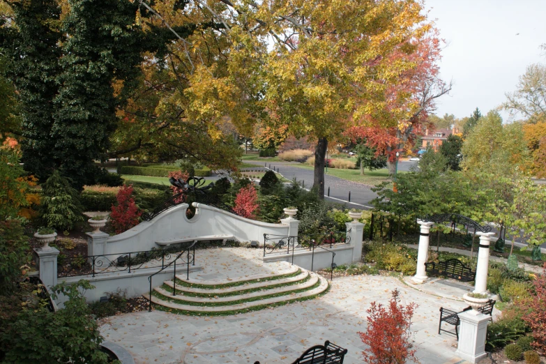 a view of some trees, bushes, and steps