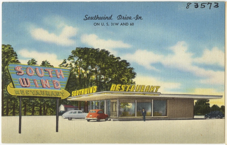 a postcard advertising a restaurant with a lot of signs