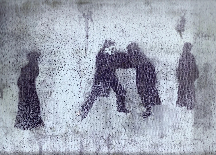 two skiers in silhouette walking through snow on skis