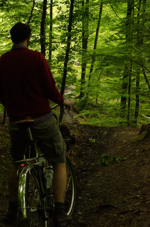 the man rides his bike in the woods