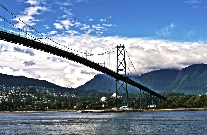 a tall suspension bridge on a wide body of water