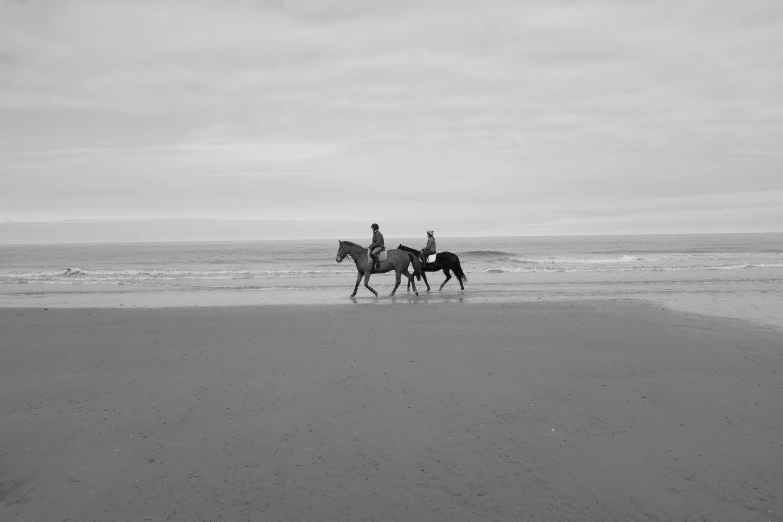 two horses running in the ocean on a cloudy day