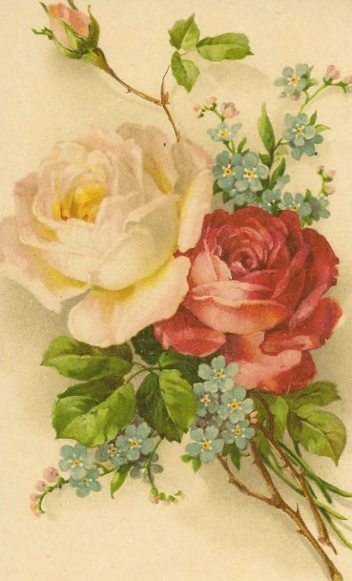 a vintage rose and blue flowers with green leaves