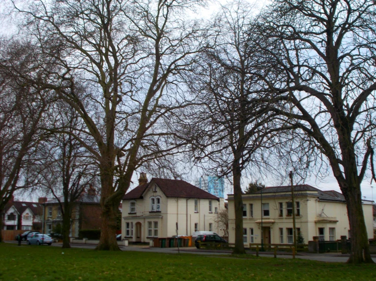 an empty street with trees and a few houses