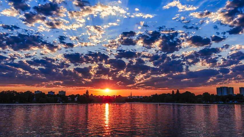 sunset with cloud over a city and lake