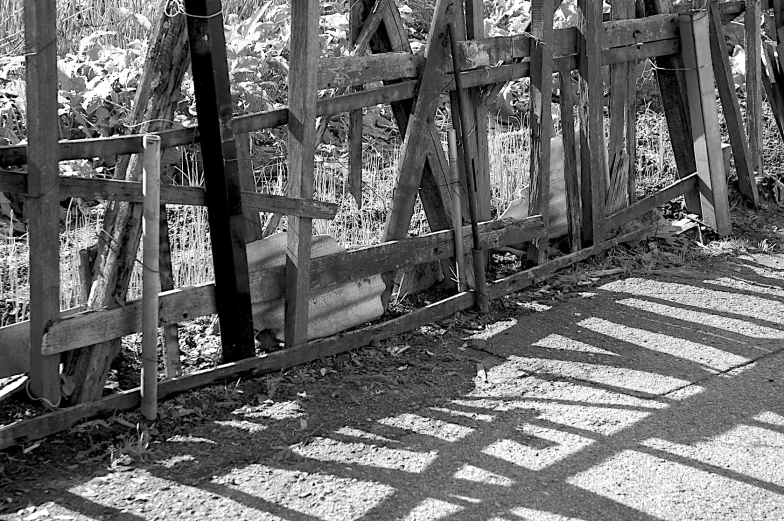 black and white pograph of a person on a bench beside a fence