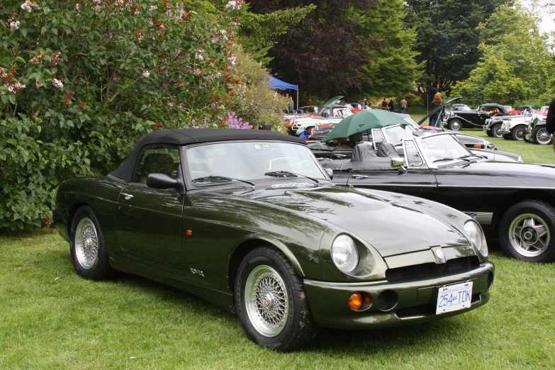 a green car parked next to another one on a green grass covered field