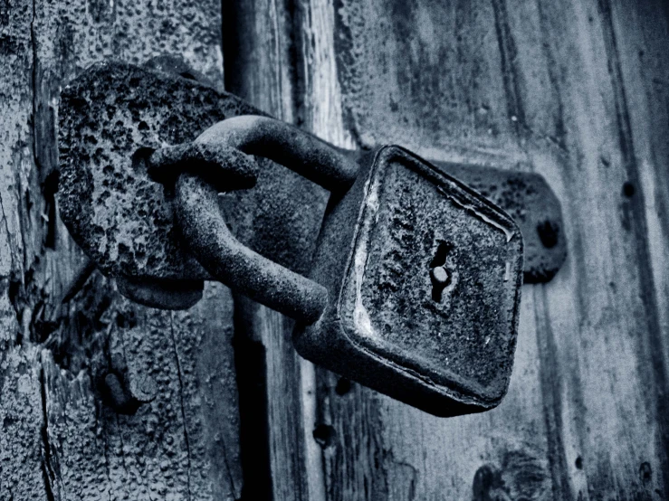 a lock on the back of an old wooden door