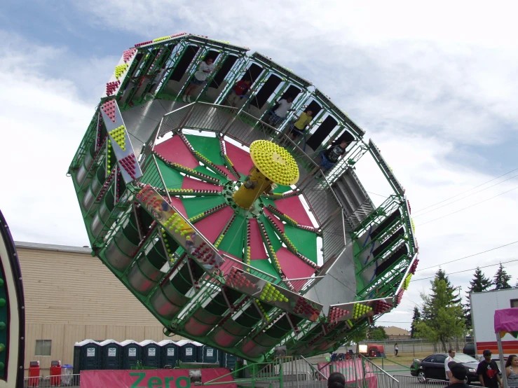 the ferris wheel in front of a building under a cloudy sky