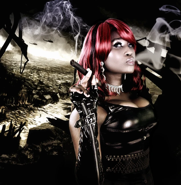 a beautiful red haired woman holding a sword with skulls on her background