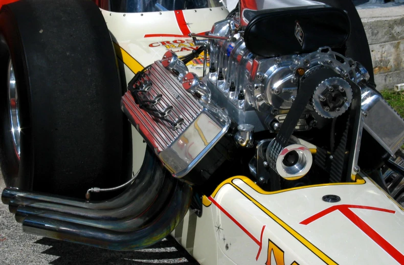 the engine on a racing motorcycle is shown