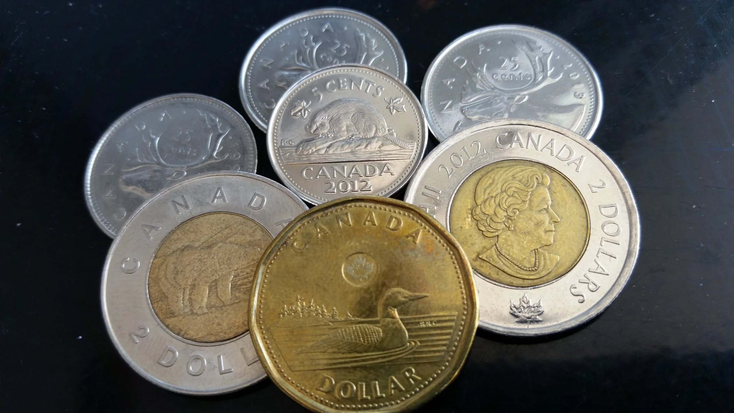 six coins in different colors and sizes