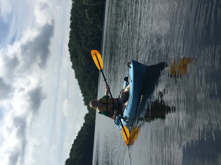 there is a man that is kayaking through the water