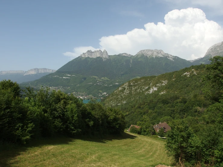 the mountain range has trees in front of it