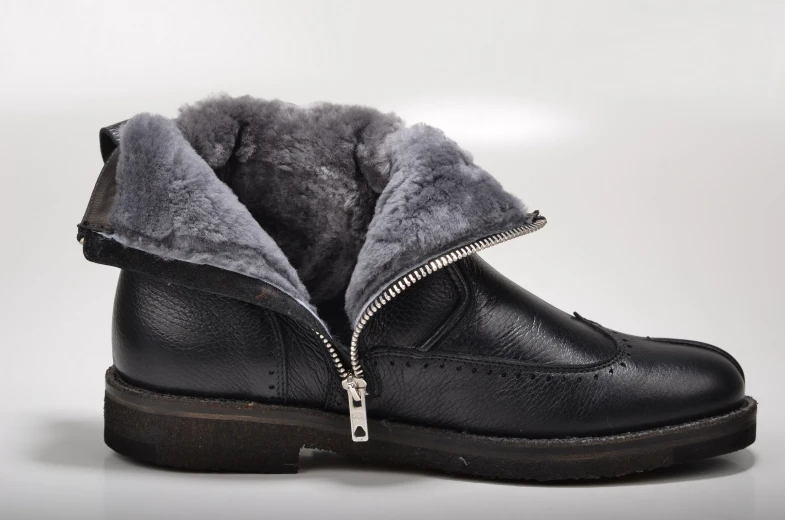 a pair of black shoes with fur on the soles