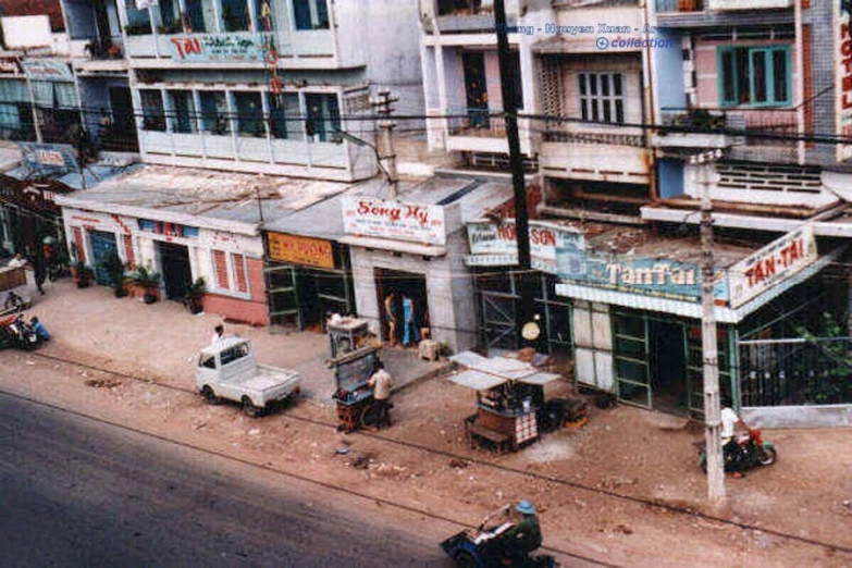 an aerial view of a street and the building