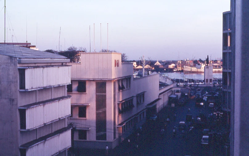 a skyline view from the top floor of a building