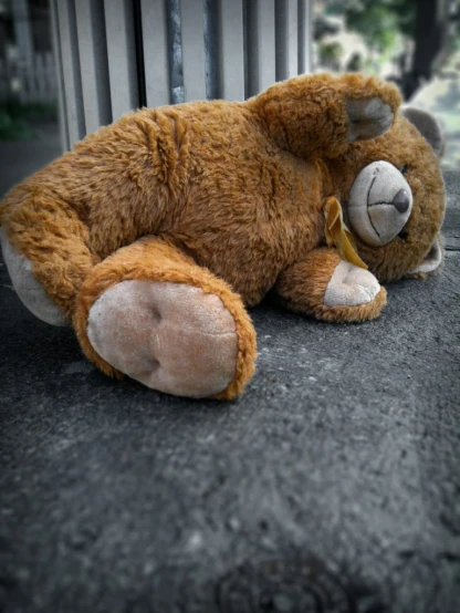 a brown teddy bear is laying down with its head on his chest
