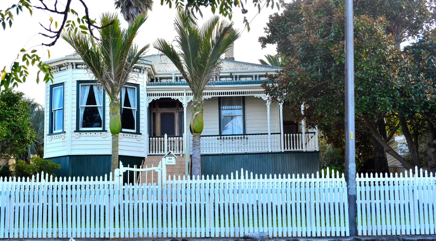 there is a blue house with two trees in front