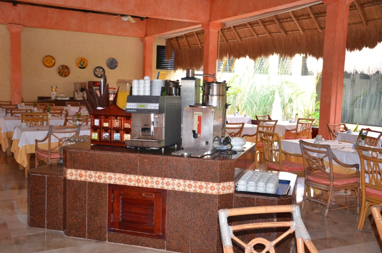 a bar in a restaurant is set up for customers