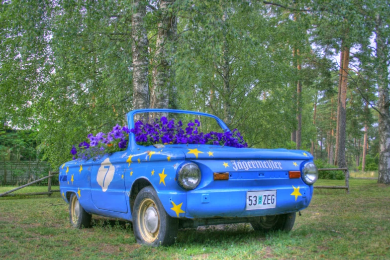 a blue truck filled with flowers sitting in a field