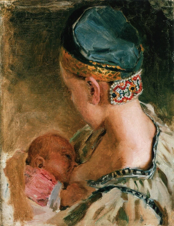 an artistic painting of a woman holding a baby
