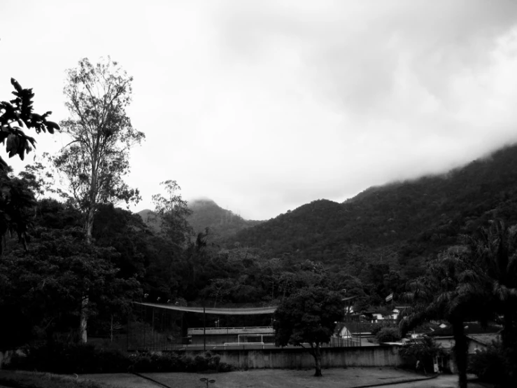 a large mountain with trees in the background