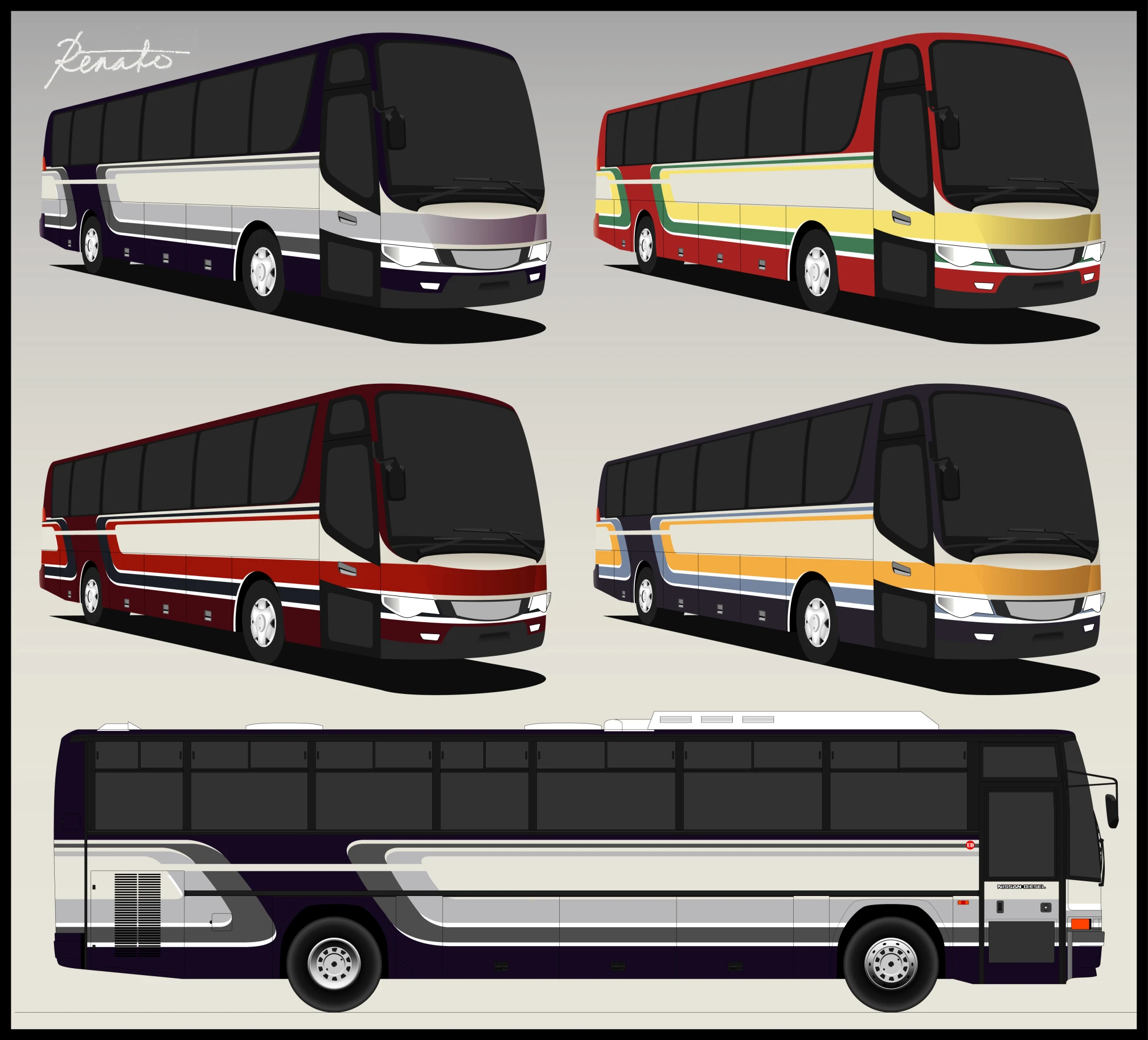 four modern - designed, multicolored buses, each with the same line of color