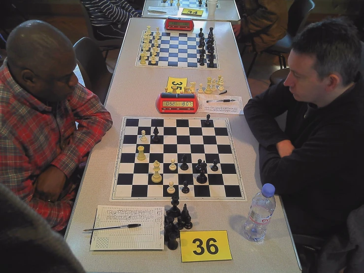 a couple of people sitting at a table with chess