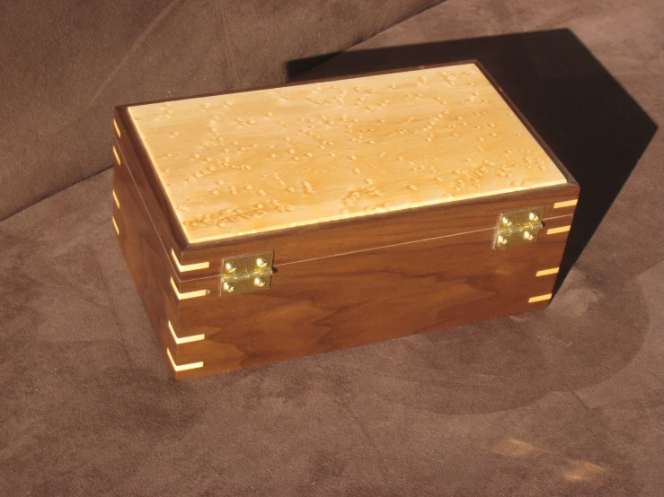 an empty wooden box sitting on a chair