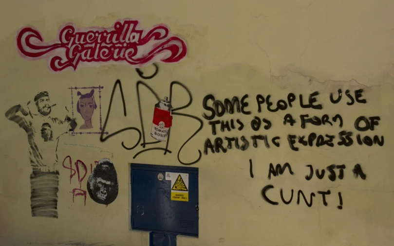 graffiti is sprayed on the wall of a public bathroom