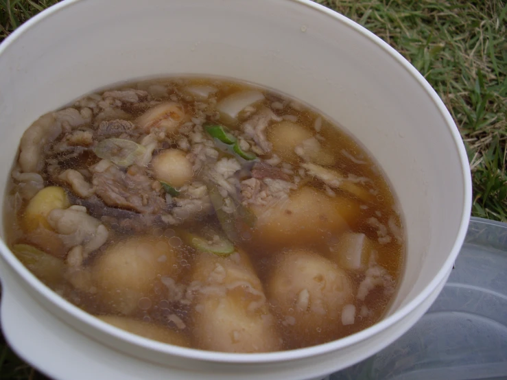 a bowl filled with food on top of a grass covered ground