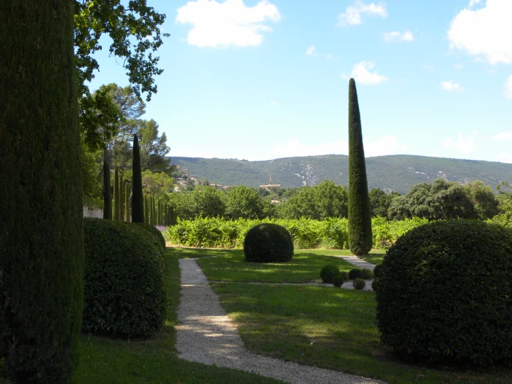 a park with hedges, some trees and a walkway