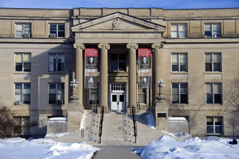 a very large building with two entrances next to it