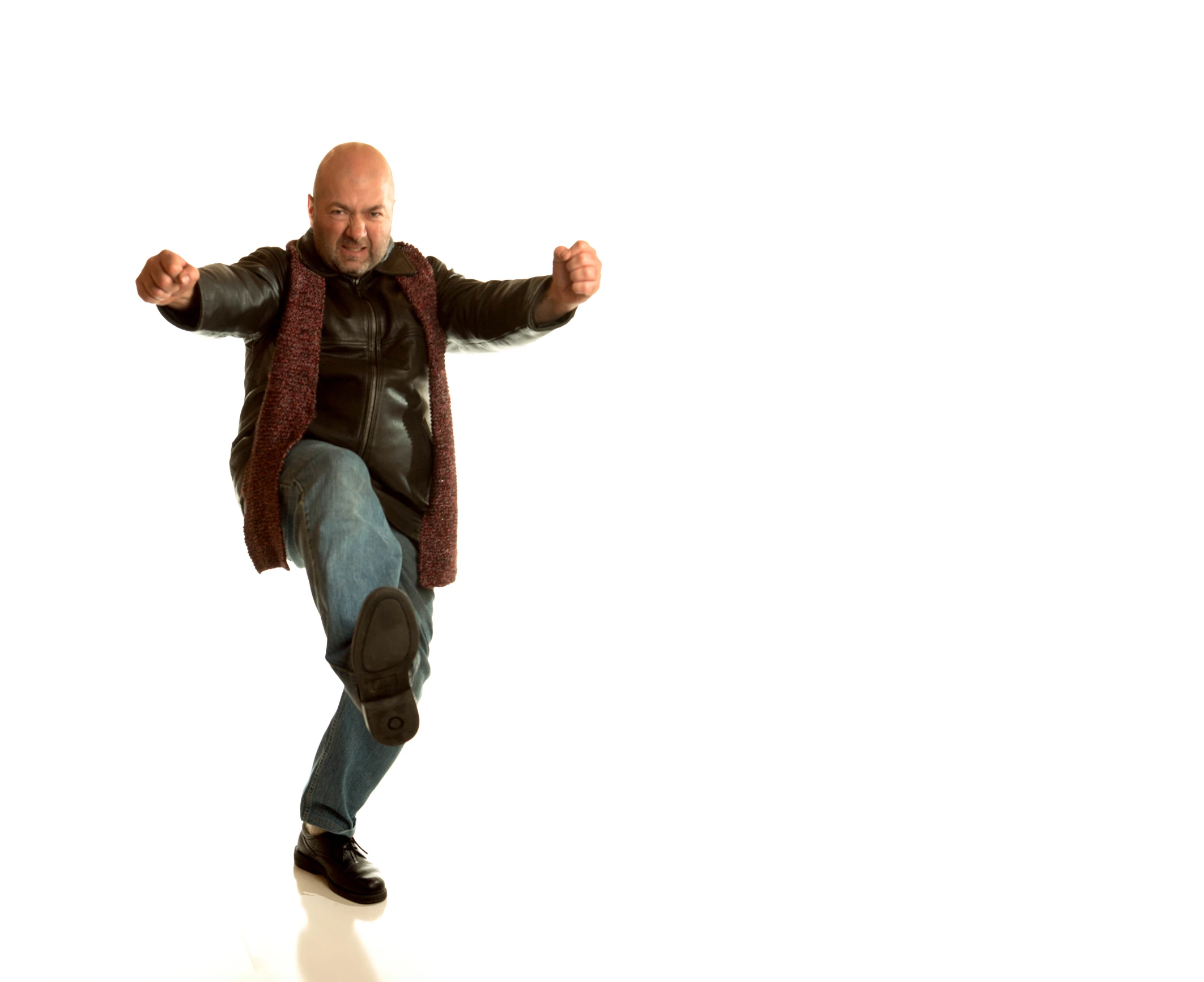 an overweight bald man wearing boots and a jacket