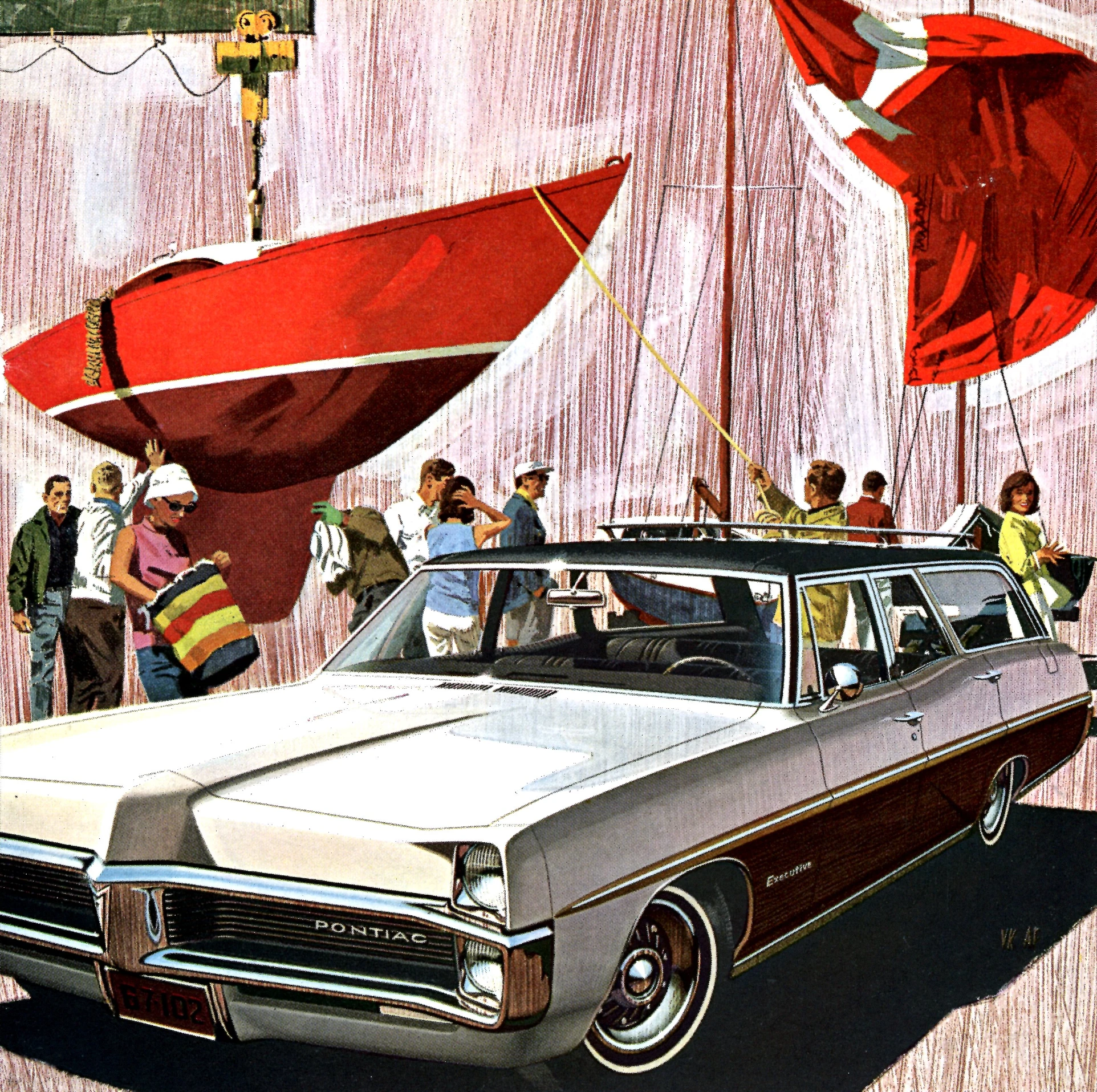 an old car with red umbrellas and people outside