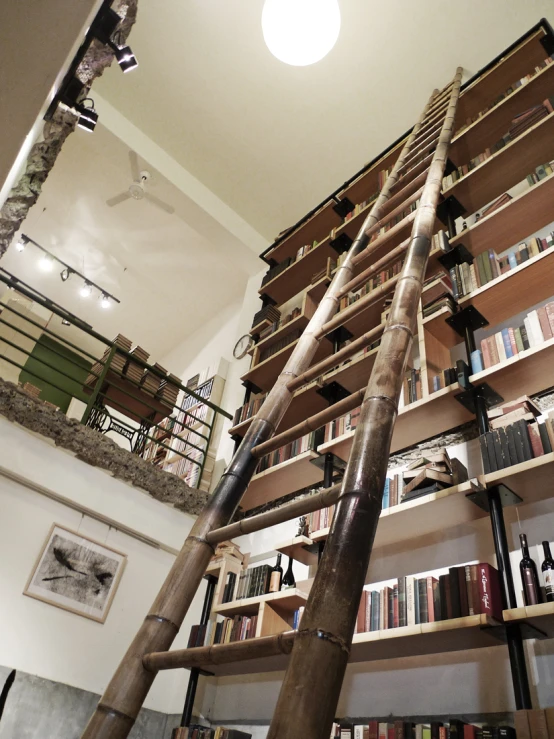 there is a tall wooden ladder in the center of bookshelves