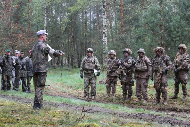 army soldiers are standing in the woods near trees