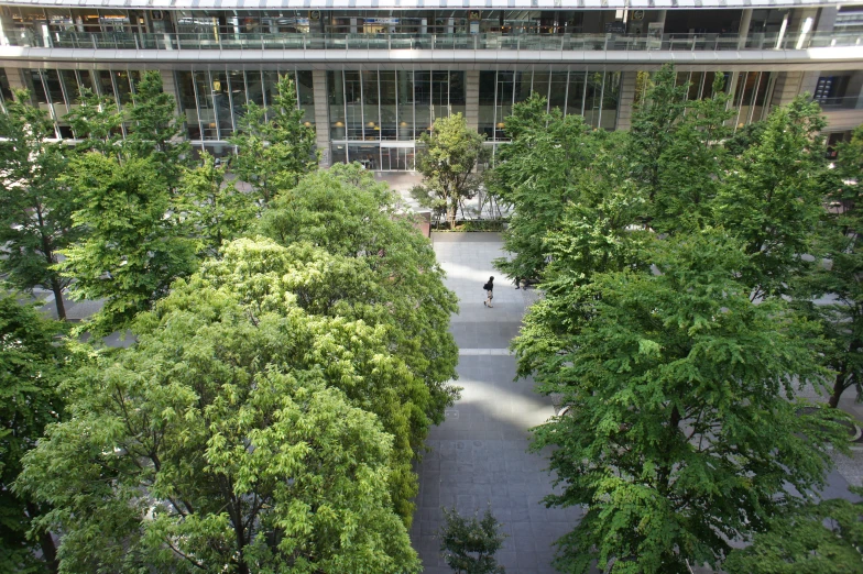 an aerial view of the courtyard and grounds in front of a building with two people walking in it