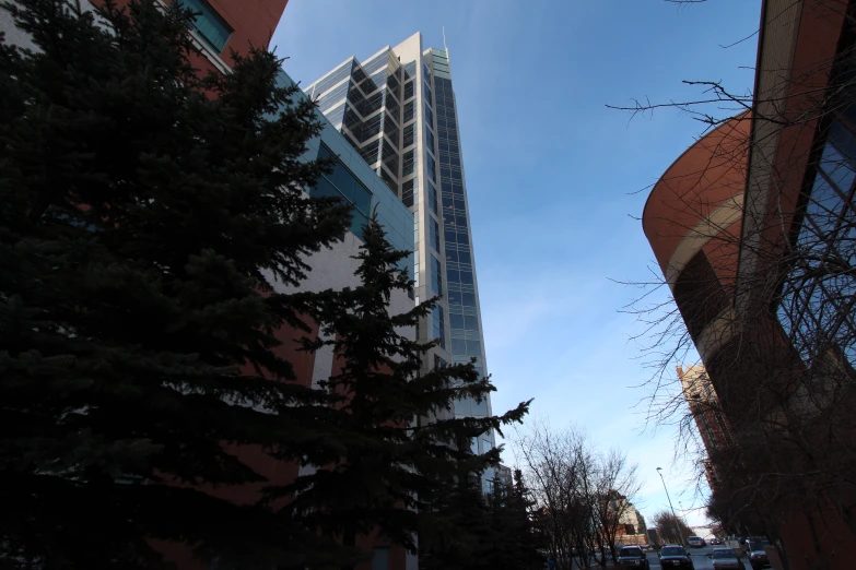 looking up the street towards an apartment building