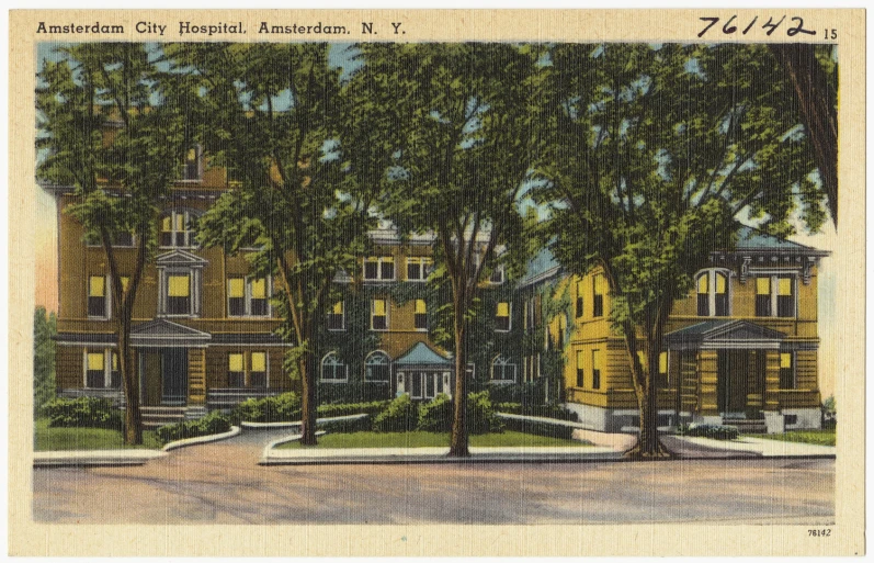 an old postcard depicting a mansion near the woods