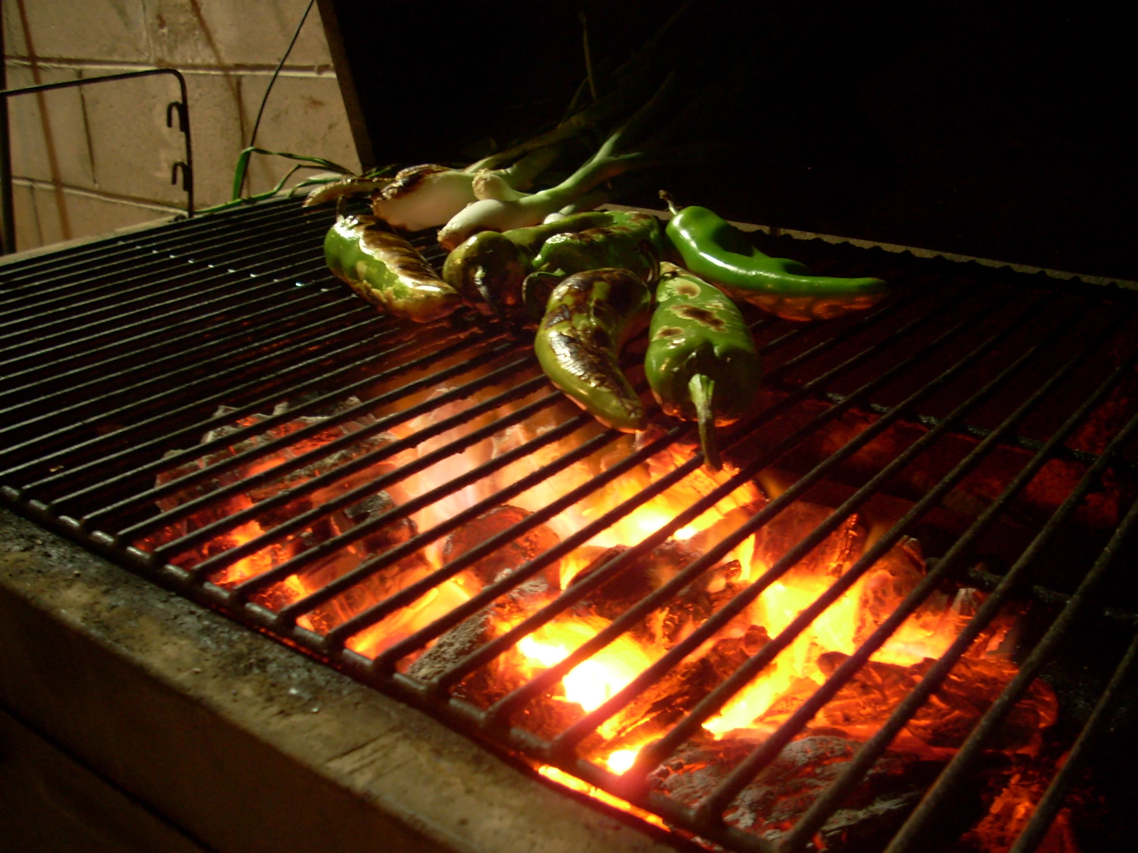 a grill with  peppers and  coals