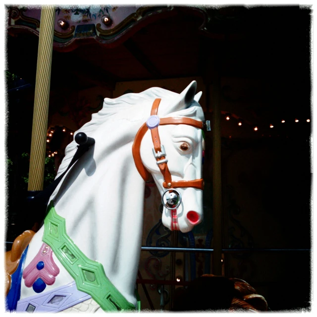 a very cute white horse wearing a colorful blinder