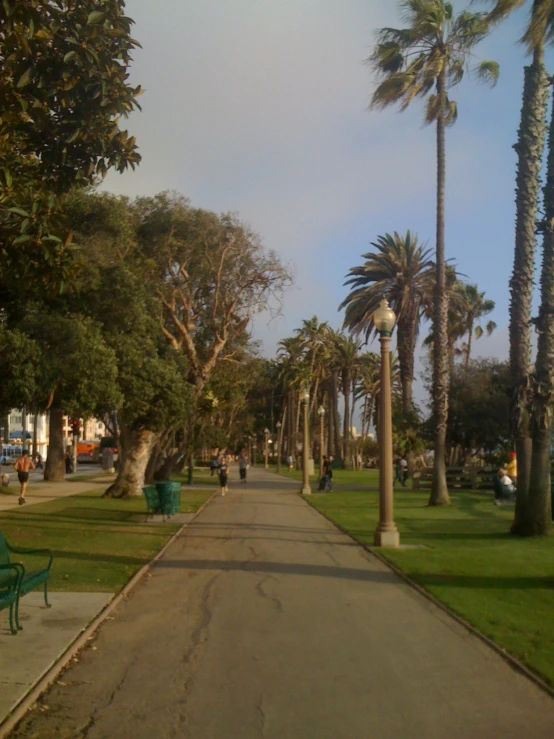 a walkway with benches on both sides leading into a park