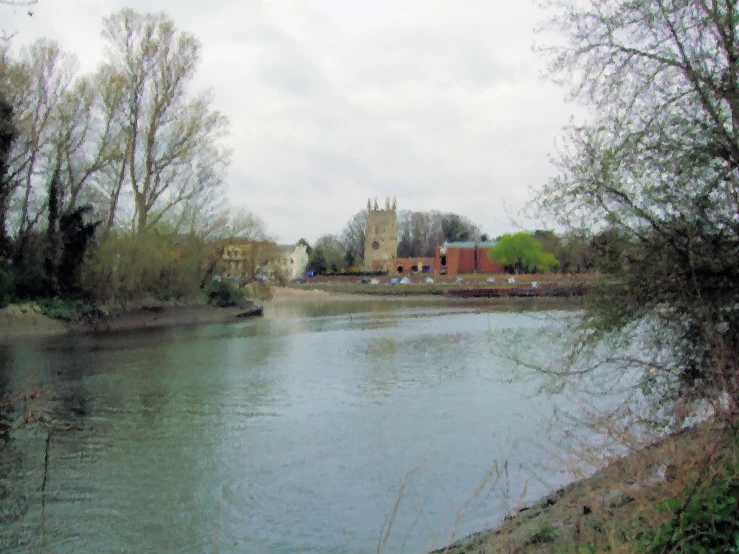 a river runs through some rural countryside near buildings