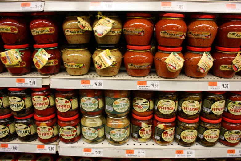 many jars of food on display for sale