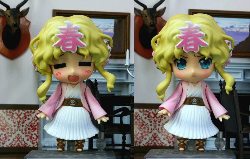 two images of two statues of a girl with blonde hair, wearing pink clothing