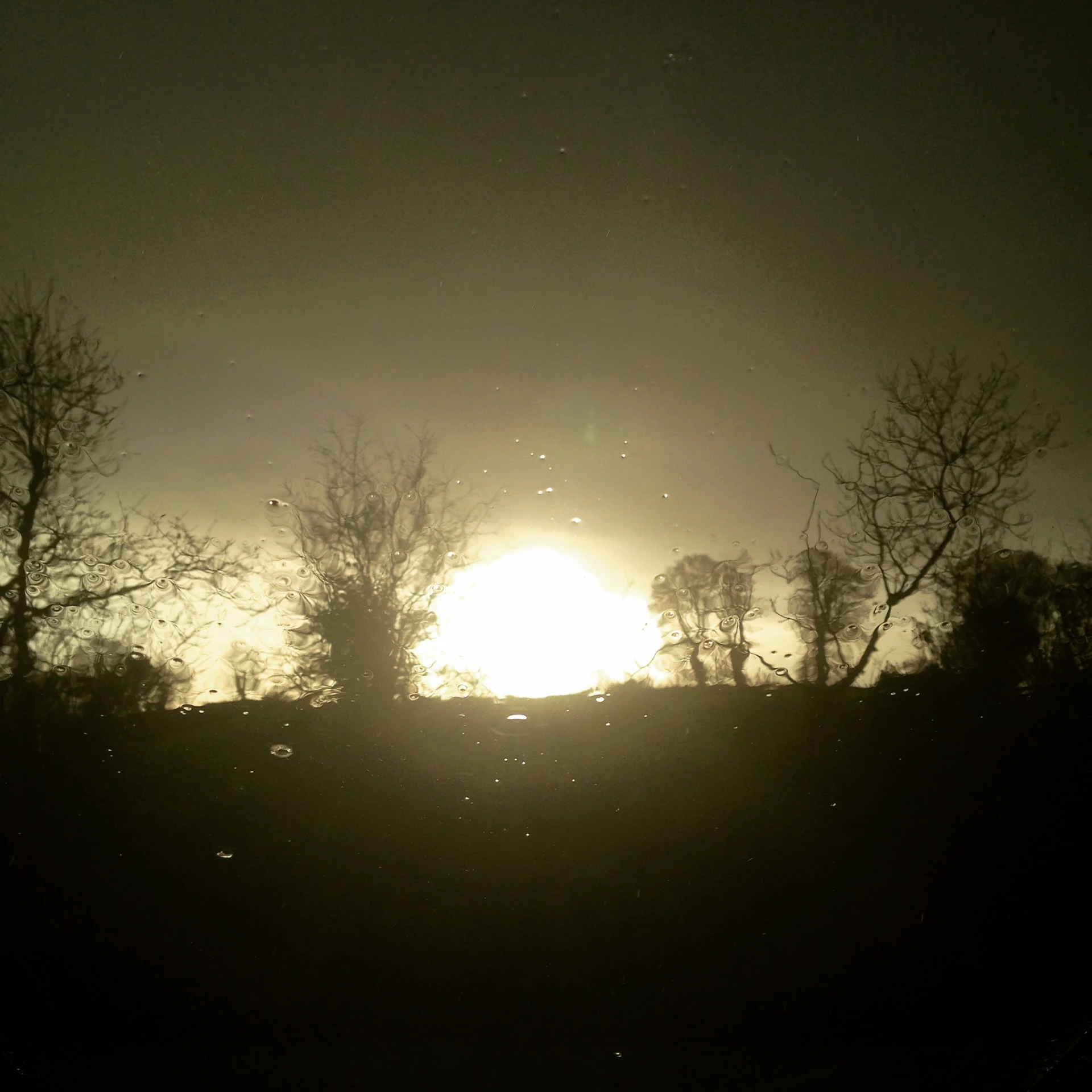 a sunset seen over the woods behind a hill